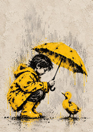 A Little Shelter by Matthews Gallerie - a boy in a yellow raincoat holding an umbrella over a duckling