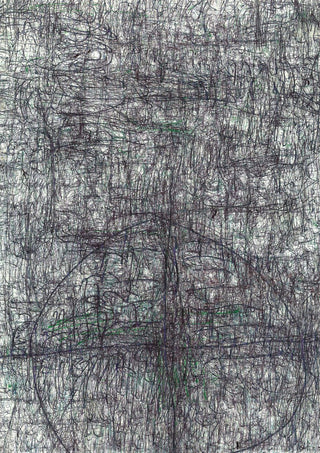 Targeted by Priit Ruttas - an all-over field of dark pen scribble with green and violet showing through