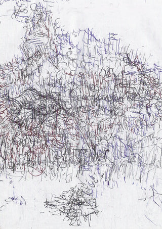 Nike by Priit Ruttas - a winged form drawn in loose blue, red and brown pen loops on white