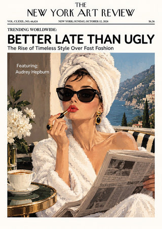 Better Late Than Ugly by ARTSY FARTSY - a magazine cover with a woman in a towel turban and sunglasses above a blue bay