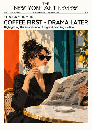 Coffee First, Drama Later II by ARTSY FARTSY - a magazine cover with a woman reading the paper over coffee in a café