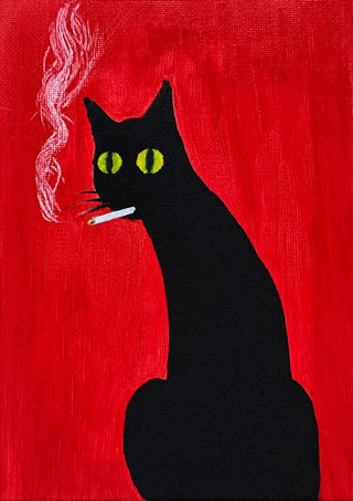 Vadim by Zhan Snow - a black cat with yellow-green eyes smoking a cigarette against a flat red ground