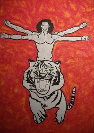 Es gibt dich zweimal by Olaf Baier - a four-armed man above a white tiger against red and orange flames