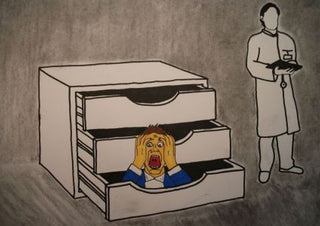 Störung und Befreiung by Olaf Baier - a screaming man in a filing cabinet drawer beside a figure in a white coat