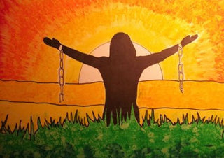 Vergebung by Olaf Baier - a silhouetted figure with broken chains and open arms at sunset