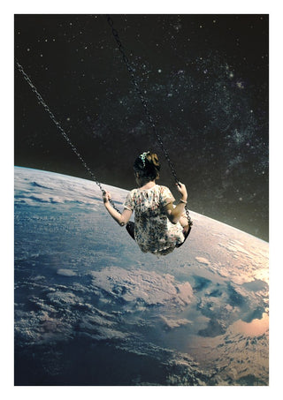 Swing by Fran Rodriguez - a girl on a swing above the curve of the Earth in starry space