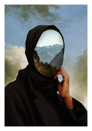 The Mountain Within by Fran Rodriguez - a black-robed figure whose face opens onto snow peaks and pine forest