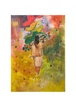The weight of the world full colour by Madame Petit - a figure carrying a load of colour across her shoulders in a yellow field