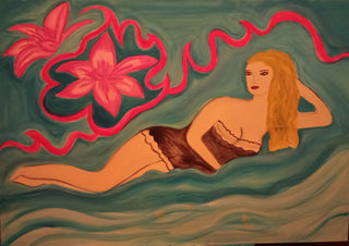Lying Blonde by Carmen Coduri - a blonde woman reclining under a coral ribbon on broad green waves