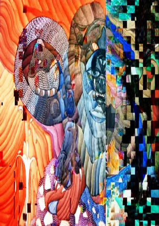 Draco by Carlos Enrique Gozalo Ara - a dragon face among patterned forms with a mosaic of blocks at the right