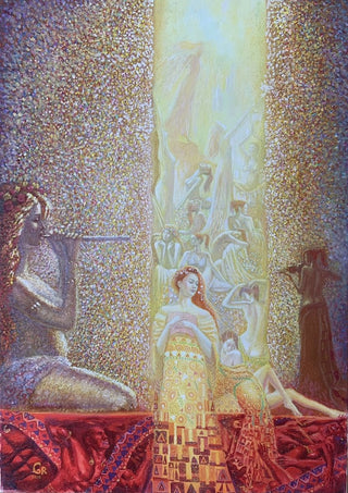 Women and Men by Ramz Gadzh - figures around a column of gold light in small points of colour