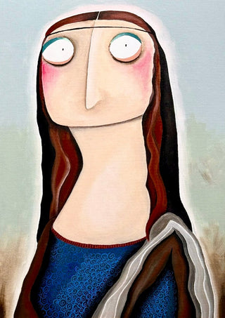 Mona Lisa by lacaluna - a long-nosed figure in a blue patterned dress against a pale landscape