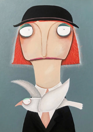 Malwines Strickmöwe by lacaluna - a bowler-hatted figure with a white knitted gull at the chest
