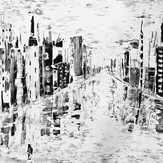 Beyond Time by Sabine Halbrock - a black and white city with towers along a straight street