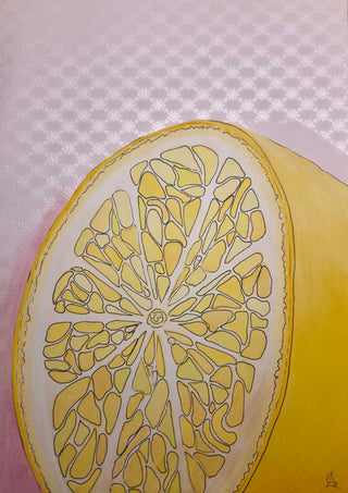Half Lemon by L.OE. Art - a cut lemon in outlined yellow segments against patterned pink