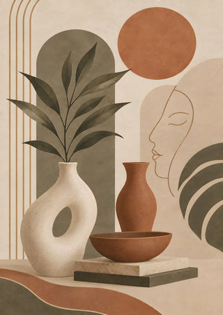 Earth Tone Abstract Still Life by TimlessArtworks - vases and a line-drawn face under a rust disc