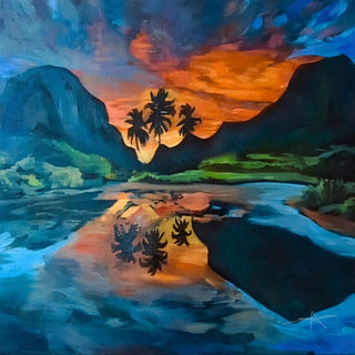 Sunset Reflection by Ammar - an orange sunset and palm trees mirrored in a dark blue lake