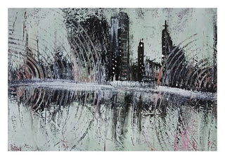 City Reflections by luco art - a dark skyline mirrored in still water on a pale green-grey ground