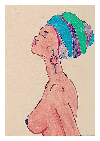Melanin & Moonlight by Bibi - a woman in profile with a turquoise and pink headwrap on cream