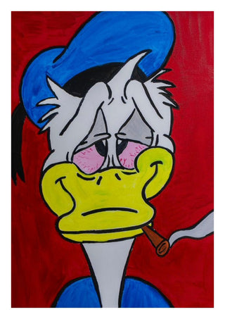 Duck in Dystopia by Bibi - a worn-out Donald Duck with a blunt against flat crimson