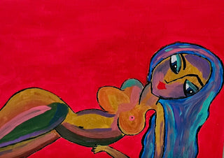 Crimson Reverie by Bibi - a reclining figure in ochre, green and blue on flat crimson