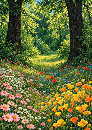 Forest Clearing in Bloom by Yokohama - a green forest path behind a meadow of daisies and orange poppies
