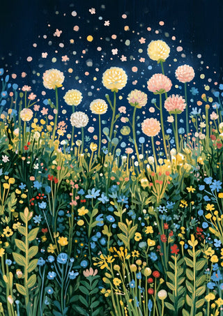 Meadow Under the Stars by Yokohama - round pastel blooms over a flower meadow under a navy night sky