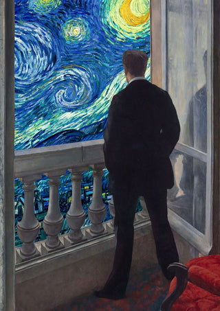 Starry Night by Dikhotomy - a man at a window looking out at Van Gogh's Starry Night