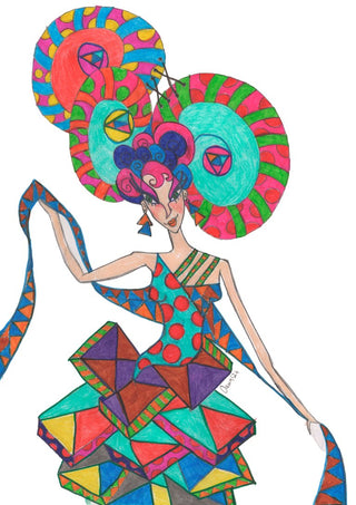 Life is geometry by A Sleepy Spirit Art - a woman in a dress of coloured triangles under three patterned discs
