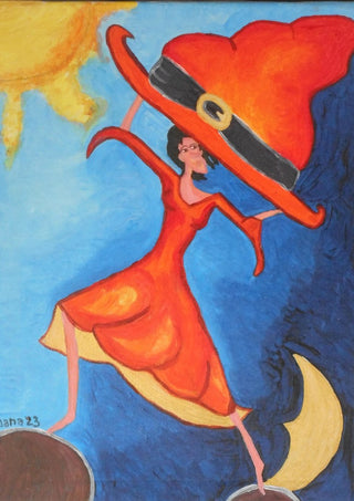 Balance Exercise by A Sleepy Spirit Art - a woman on a crescent moon holding up a huge orange hat