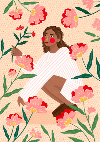 Woman In Floral Garden by Bea Müller – crouching woman picking a stem among pink and red flowers