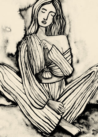 A woman in striped clothing sits cross-legged, holding her shirt close, eyes closed; art for Being Myself by Raissa Oltmanns.