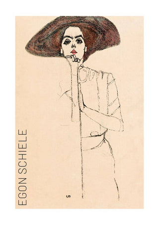 Poster of Egon Schiele's "Portrait of a Woman" featuring a woman in a large dark hat, minimal line drawing.