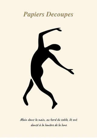 Minimalist black silhouette of a dancer in motion with French text, inspired by French cut-out art style.