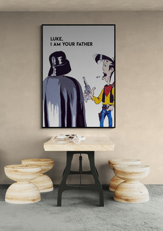 Framed "Luke, I Am Your Father" artwork by Daniel Leo above a small table with four stools.