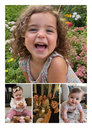 Family Collage with featured photo personalised poster – 4 family photos with one large featured photo, with a white border and fine white lines
