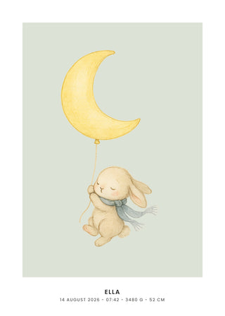Flying Bunny personalised baby poster – sleepy bunny with scarf and moon balloon on sage