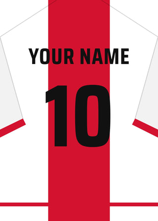 Personalised football shirt poster in Ajax white with the broad red band down the back – a name and number on the back