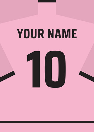Personalised football shirt poster in Inter Miami pink with black lettering – a name and number on the back