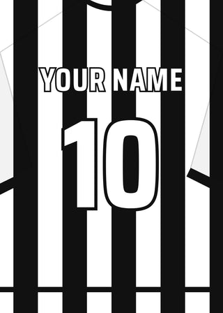 Personalised football shirt poster in Juventus' black and white stripes – a name and number on the back
