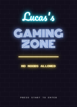 Gaming Zone personalised neon sign poster – the gamer's name and GAMING ZONE in glowing neon on a dark brick wall (Blue & White)