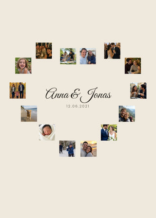 Heart Collage personalised poster – 14 photos around a heart with the names inside, on beige