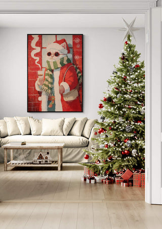 Framed White Cat Santa Claus art above sofa, Christmas tree with lights and gifts in living room.