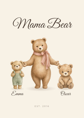 Mama Bear personalised watercolour poster with children's names – Cream