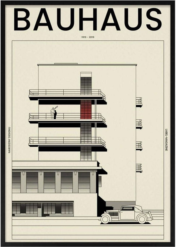 Minimalist illustration of a Bauhaus-style building with balconies and car, vintage cover poster design.