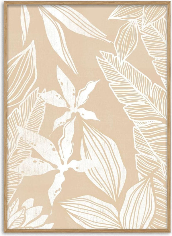 Abstract illustration of white leaves on a beige background, featured in the White Leaves Plakat product.