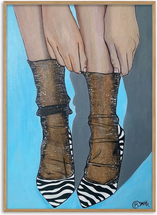 Zebra Heels by Art By Biba - sheer black socks pulled over zebra-striped pointed heels on sky blue