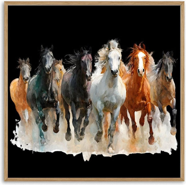Seven Horses by Da Winters - a galloping herd coming forward out of pale watercolour spray on black