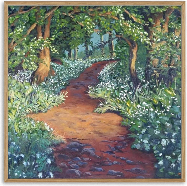 Path Through the Blossom by Cristina Iacob - a red earth path curving into a wood between white flowers