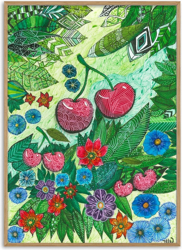 Cherries and Blue Flowers by JHN.ByHjort - red cherries among patterned green leaves and blue and purple flowers